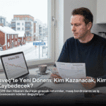 İsveç'te bir kış gününde, orta yaşlı bir adam pencere kenarındaki masada oturuyor. Yüzünde endişeli ve düşünceli bir ifade var. Elinde bir vergi beyannamesi belgesi ("Skattebesked 2026") ve bir miktar nakit para tutuyor. Masada açık duran dizüstü bilgisayarın ekranında, "A-kassa 2026" başlıklı ve aşağı doğru keskin bir düşüş gösteren bir grafik var. Yanında bir kahve fincanı, bir hesap makinesi ve bir gazete duruyor. Pencereden dışarıda, karlar altındaki geleneksel kırmızı İsveç evleri ve bir "Pendeltåg" (banliyö treni) durağı tabelası görülüyor. Görselin alt kısmında Türkçe olarak "İsveç'te Yeni Dönem: Kim Kazanacak, Kim Kaybedecek?" başlığı ve "2026'dan itibaren devreye girecek reformlar, maaş bordrolarını ve iş güvencesini kökten değiştiriyor." alt başlığı yer alıyor.