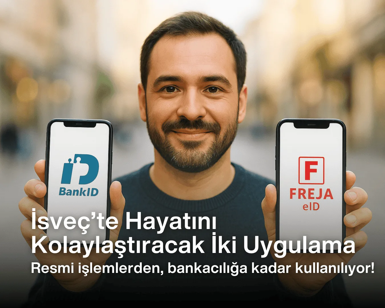 sveç dijital kimlik uygulamaları BankID ve Freja eID logolarının ekranda göründüğü iki akıllı telefonu tutan gülümseyen bir adam.