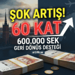 İsveç Geri Dönüş Desteği için yığılmış İsveç Kronu (SEK) banknotları, arka planda Stockholm silüeti ve yukarı doğru gösteren bir ok ile 600.000 SEK ve 60 KAT artış ibaresi.