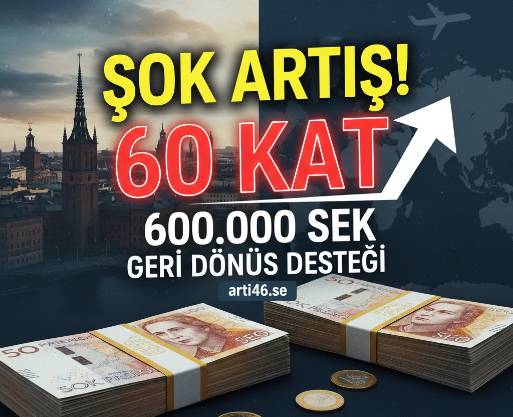 İsveç Geri Dönüş Desteği için yığılmış İsveç Kronu (SEK) banknotları, arka planda Stockholm silüeti ve yukarı doğru gösteren bir ok ile 600.000 SEK ve 60 KAT artış ibaresi.