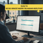 Bir adamın bilgisayar ekranında Skatteverket'in vergi bildirimi sayfasını incelediği görünüyor. Ekranın üst kısmında sarı bir metin kutusunda "İSVEÇ'TE KİLİSE VERGİSİ NEDİR? NE KADAR KESİLİYOR?" yazısı ve aşağıyı gösteren bir ok bulunuyor.