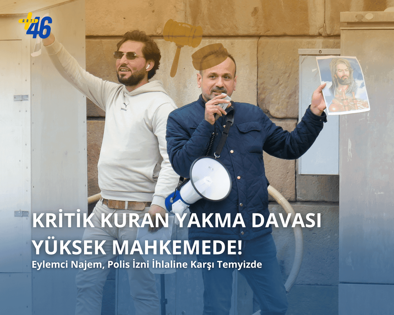 İsveç'te Kuran yakma eylemcisi Salwan Najem ve arkadaşı protesto sırasında. Elinde megafon tutan Najem, yüksek mahkemeye taşınan davada polis izni ihlalini temyiz ediyor.