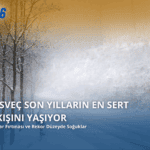 Yoğun kar yağışı ve sis altındaki karlı bir orman yolunun üzerinde "İsveç Son Yılların En Sert Kışını Yaşıyor" ve "Kar Fırtınası ve Rekor Düzeyde Soğuklar" yazılı haber görseli. Sol üst köşede sarı ve mavi renkli "arti46" logosu bulunmaktadır.