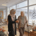 Yabanci bir kadin, Isvecli bir yaslinin koluna girmis, huzurevinde yurutuyor.