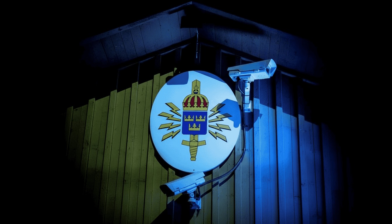 İsveç polisi amblemi gece vakti güvenlik kamerasıyla korunuyor, İskandinavya enerji tehdidi haberi görseli.