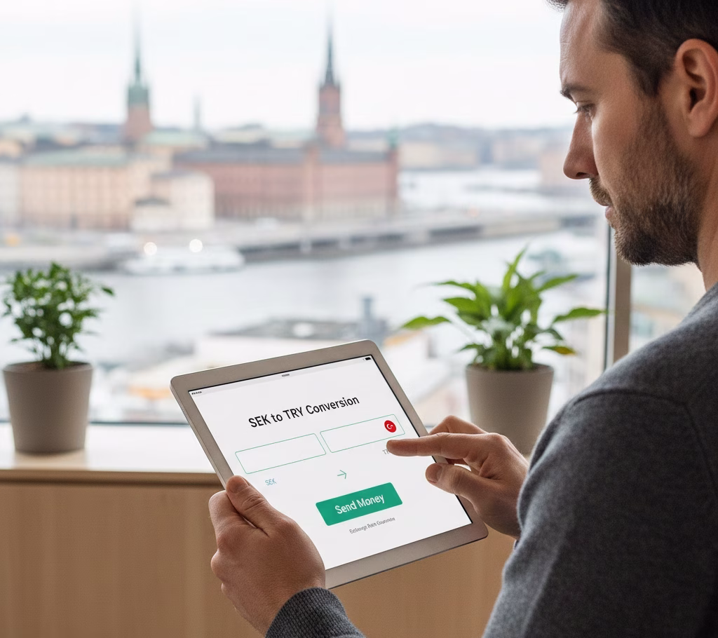 Modern bir ofiste tablet üzerinden İsveç Kronu (SEK) - Türk Lirası (TRY) para transferi yapan adam; ekranda yeşil 'Send Money' butonu ve Stockholm manzaralı pencere önünde profesyonel görünüm.