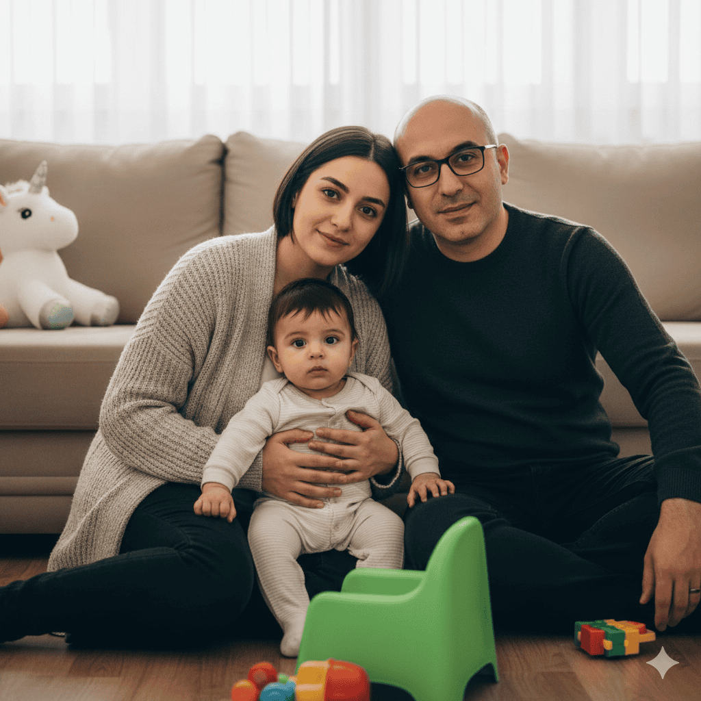Yapay zeka tarafından oluşturulmuş, salonda çocuklarıyla birlikte yere oturmuş mutlu bir anne ve babayı gösteren aile portresi; arka planda bir oyuncak unicorn ve ön planda bebek oyuncakları yer alıyor.