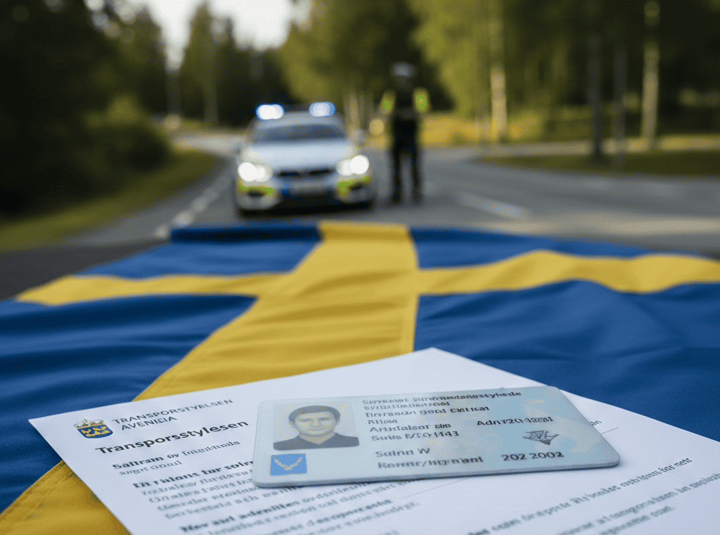 İsveç'te ehliyet ve kimlik denetimi yapan polisler, trafik güvenliği ve yasal düzenlemeleri sağlamak.