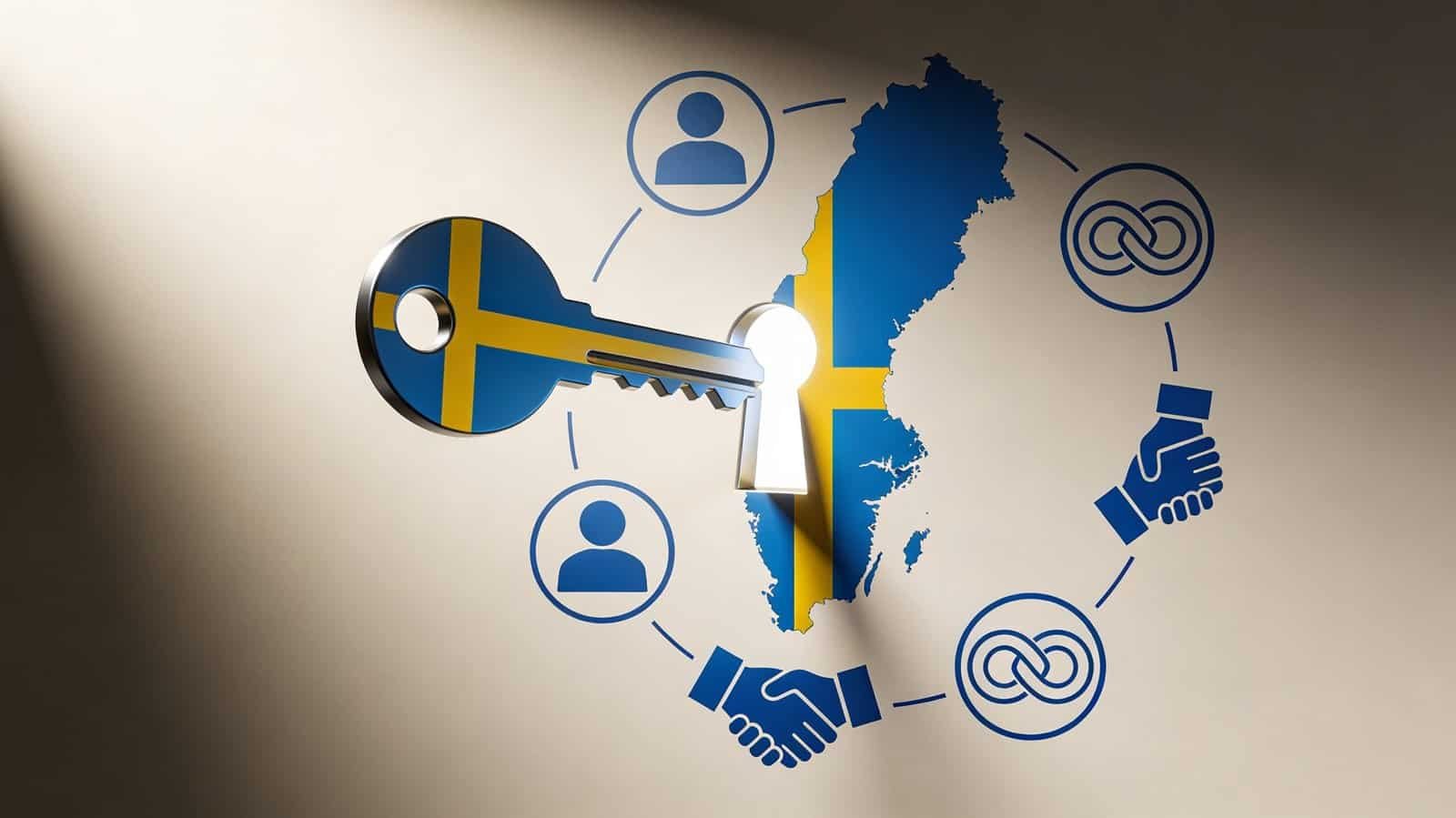 İsveç vatandaşlık reformunu simgeleyen soyut mavi tonlu görsel: İsveç bayrağı renklerinde kapı açan anahtar ve entegrasyon sembolleri ile modern haber illüstrasyonu, SEO dostu anahtar kelimelerle optimize edilmiş