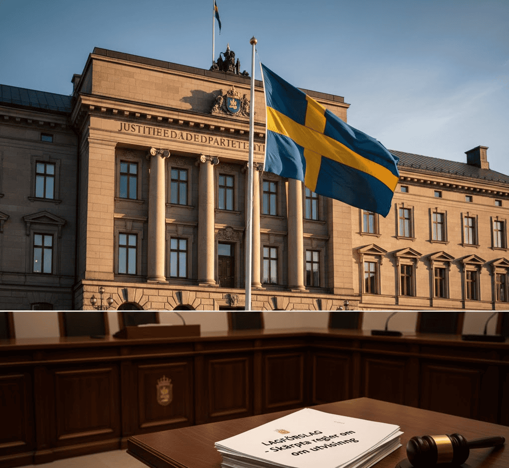 İsveç bayrağı dalgalanan resmi bir hükümet binası önünde, üzerinde "Lagförslag - Skärpta regler om utvisning" yazılı yasa tasarısı dosyası ve mahkeme tokmağı