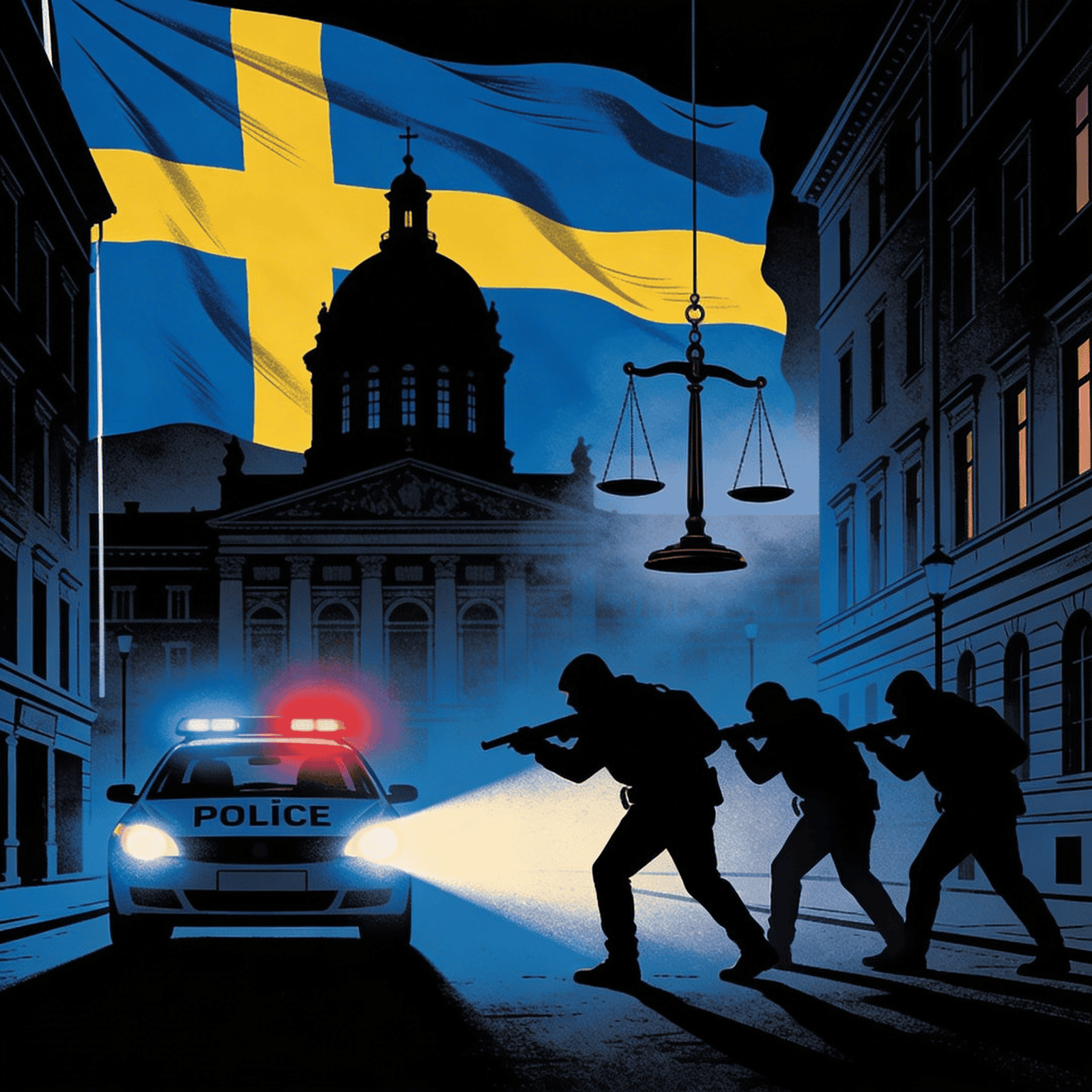 İsveç sokaklarında suç hazırlığı gerilimi, gölgeli figürler planlama yapıyor, polis sirenleri yaklaşıyor, Riksdagen silueti arka planda