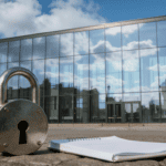 Cam bina önünde yerde büyük bir kilit ve dosya bulunuyor. Sağ tarafta bir yaşlı ile bir çocuk el ele yürüyor.