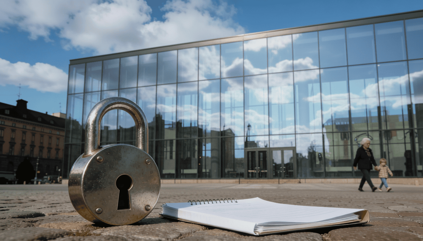 Cam bina önünde yerde büyük bir kilit ve dosya bulunuyor. Sağ tarafta bir yaşlı ile bir çocuk el ele yürüyor.