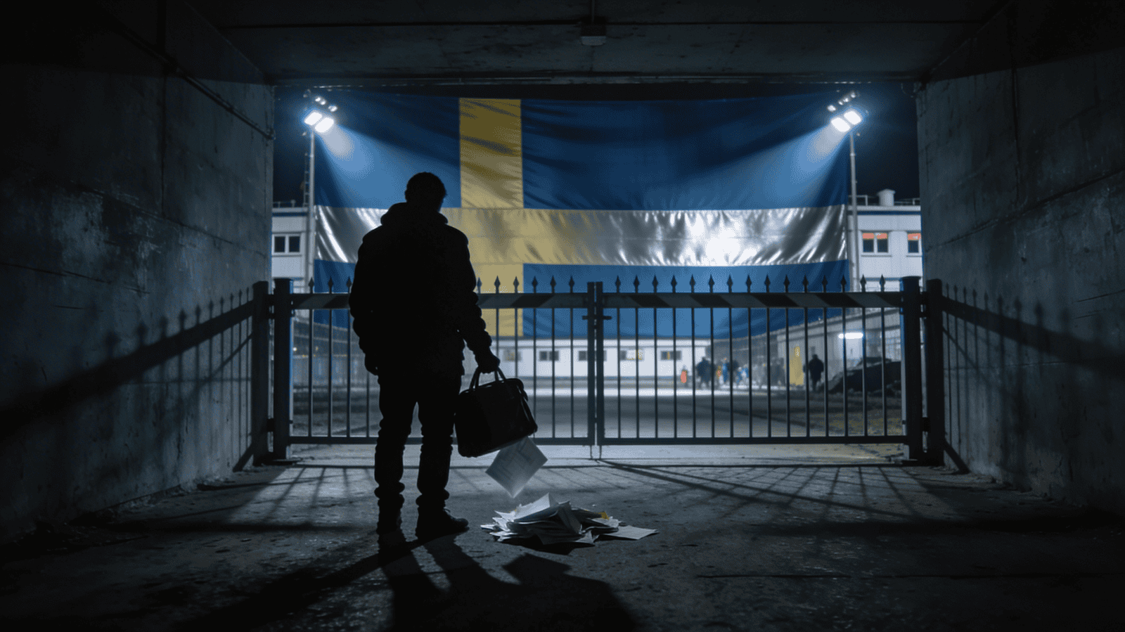 İsveç sığınmacı çalışma hakları kısıtlamalarını simgeleyen alternatif konsept: Karanlık bir koridorda kilitli demir kapı önünde duran siluetli bir sığınmacı figürü, elinde alet çantası veya evrak yığını düşüyor; arka planda İsveç bayrağı renklerinde spot ışıkları ve göçmen merkezi binası, sıkı denetim ve sınırlandırma hissi veren dramatik gölgeli kompozisyon.
