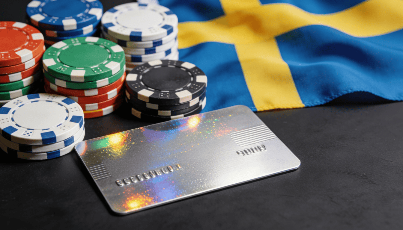 Masada bulunan bir kredi kartının yanında duran casino çipleri ve İsveç bayrağı detayı.