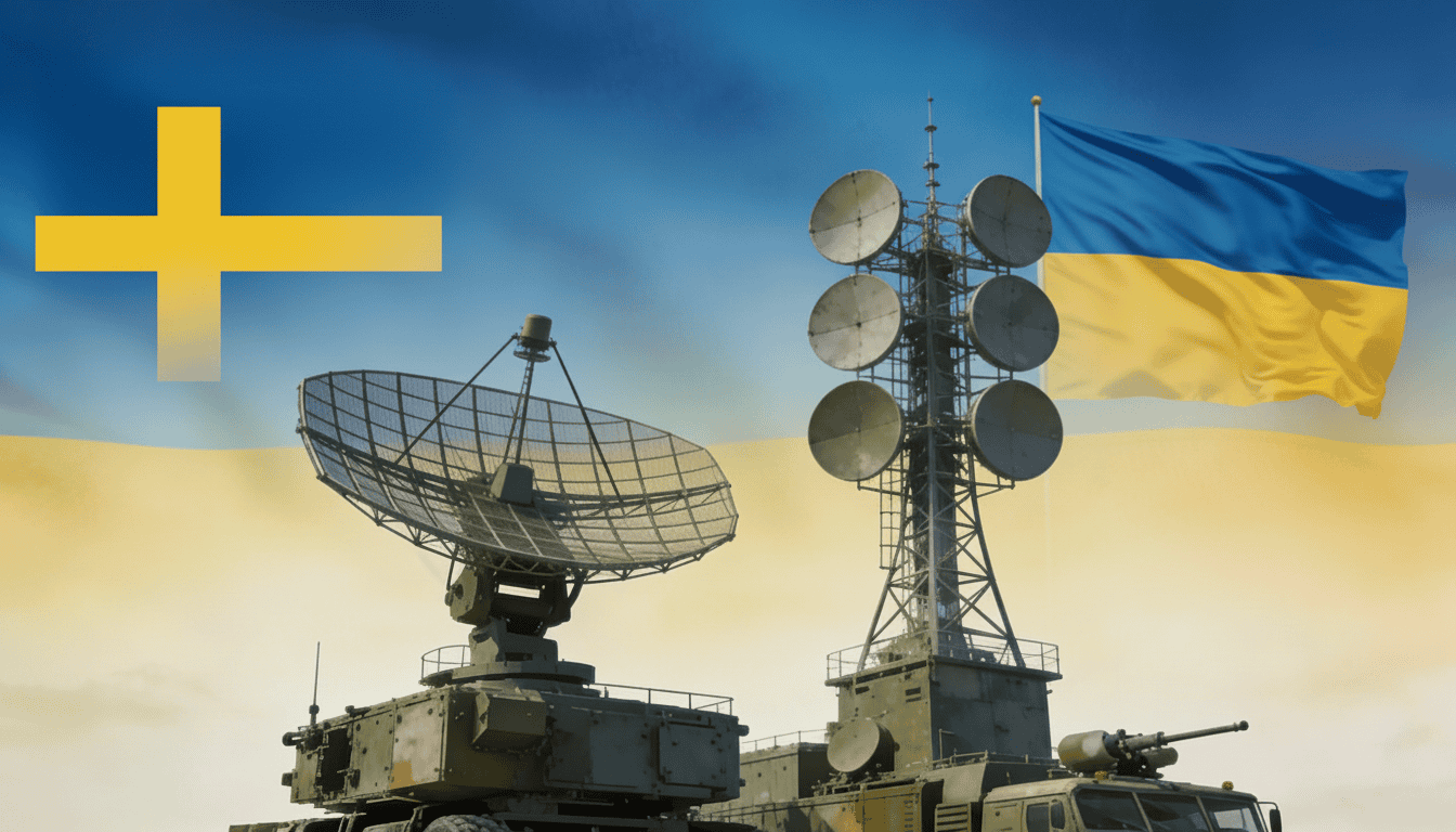 İsveç'in Ukrayna'ya hava savunma sistemi odaklı 12,9 milyar kronluk askeri destek paketini temsil eden görsel, radar antenleri ve insansız hava araçları ile mavi-sarı tonlarda savunma vurgusu