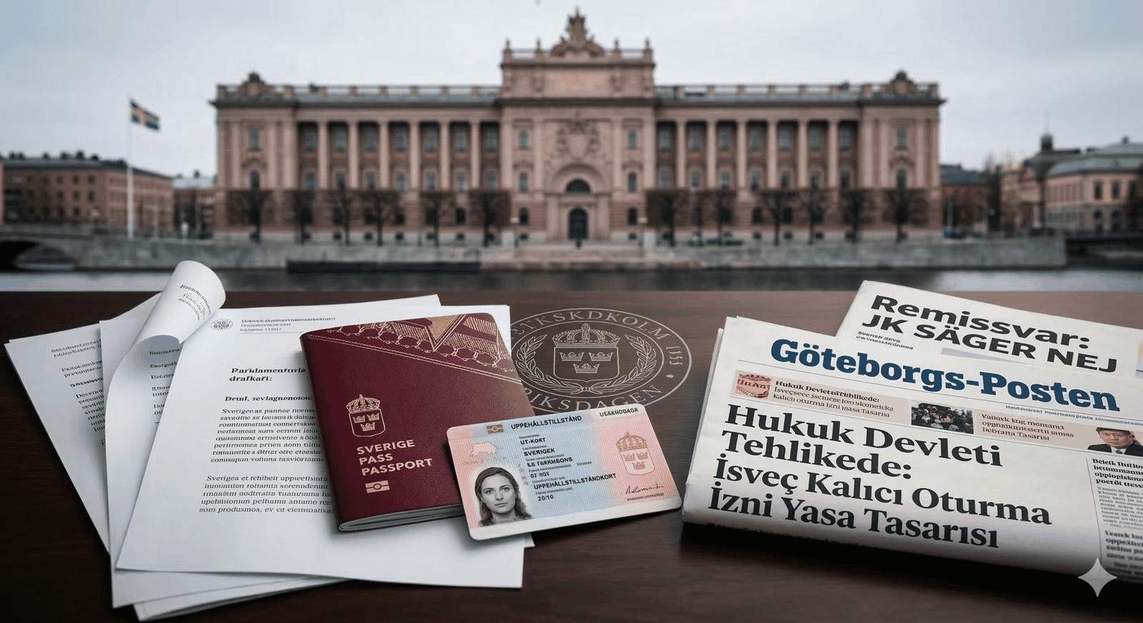 İsveç parlamentosu (Riksdagen) önünde çekilmiş resmi bir fotoğraf veya İsveç pasaportu ve oturma izni kartını (UT-kort) içeren bir kompozisyon.