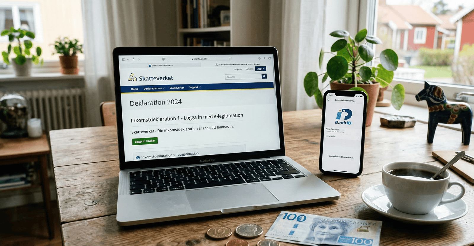Bir laptop ekranında Skatteverket logosu açık, yanında bir akıllı telefonda BankID giriş ekranı görünüyor. Masanın üzerinde İsveç kronları ve bir fincan kahve var.