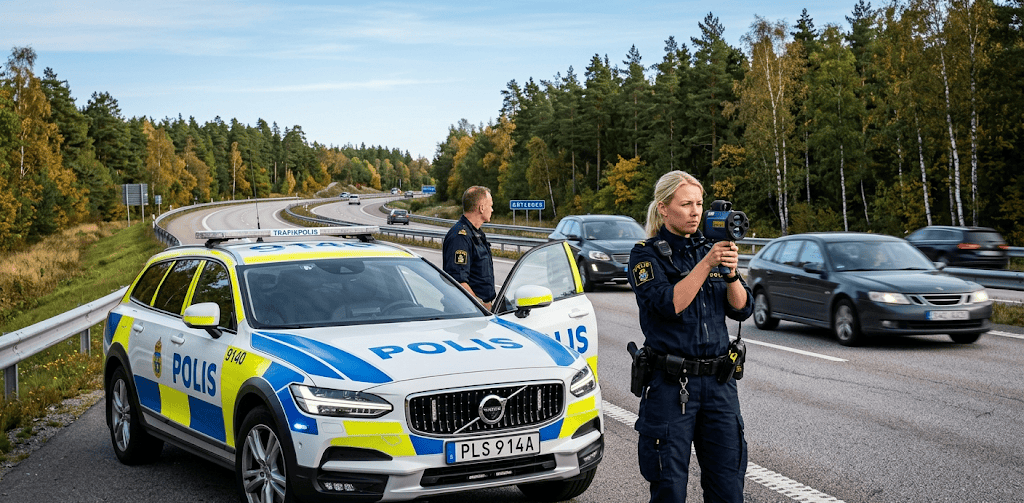 İsveç polisi yol kenarında radar ölçümü yapıyor.