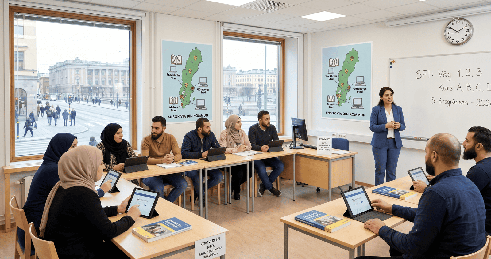 Bir Komvux sınıfında modern eğitim araçlarıyla ders gören kursiyerlerin yanı sıra, arkadaki panoda "Stockholm Stad", "Göteborgs Stad" gibi büyük belediyelerin SFI başvuru sayfalarına dijital erişimi simgeleyen bir İsveç haritası illüstrasyonu yer almaktadır. Beyaz tahtada ise haberde bahsettiğimiz "3 yıl sınırı" ve "2026" detayları vurgulanmıştır.