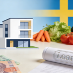 İsveç’te 1 Nisan 2026’da yürürlüğe giren yeni ekonomi paketini temsil eden grafik, ön planda İsveç kronları, masada ekmek, süt ve sebzeler, arka planda bir aile evi ve ev kredisi / finansal dokümanlar gösteriliyor. Görsel, sadece simgelerle yeni gıda KDV’sinin düşürülmesini ve ev kredisi kurallarının değiştirilmesini anlatıyor.