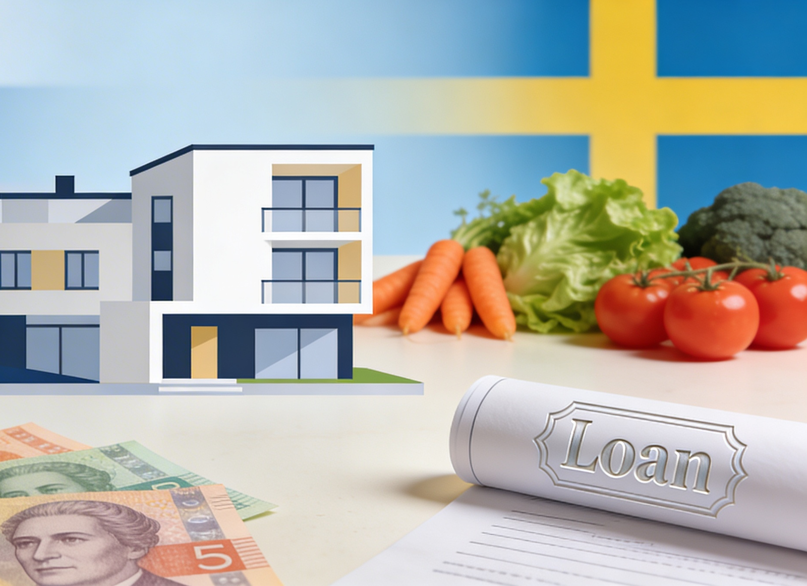 İsveç’te 1 Nisan 2026’da yürürlüğe giren yeni ekonomi paketini temsil eden grafik, ön planda İsveç kronları, masada ekmek, süt ve sebzeler, arka planda bir aile evi ve ev kredisi / finansal dokümanlar gösteriliyor. Görsel, sadece simgelerle yeni gıda KDV’sinin düşürülmesini ve ev kredisi kurallarının değiştirilmesini anlatıyor.