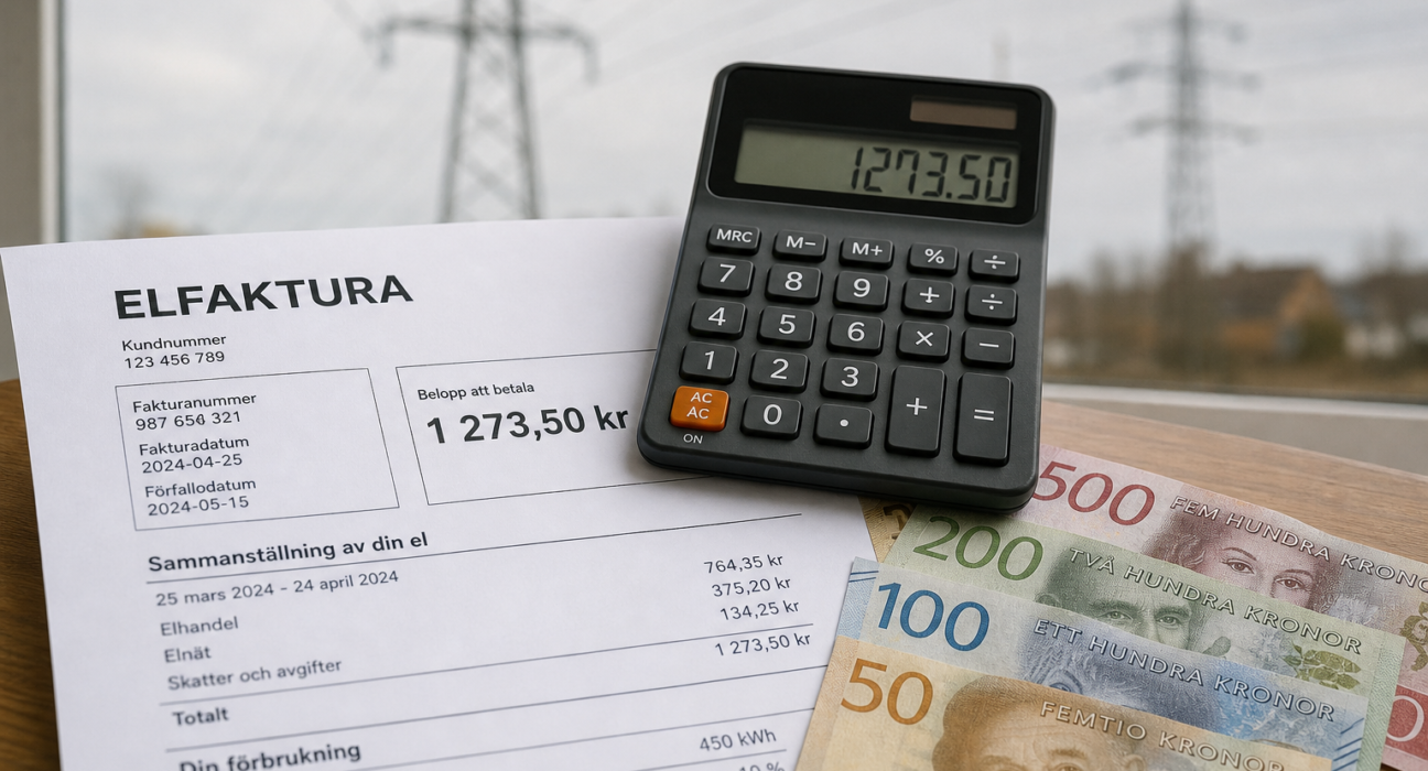 Bir İsveç faturası üzerinde hesap makinesi ve yanında duran İsveç Kronu (SEK) banknotları; arka planda bulanık bir elektrik direği görseli.