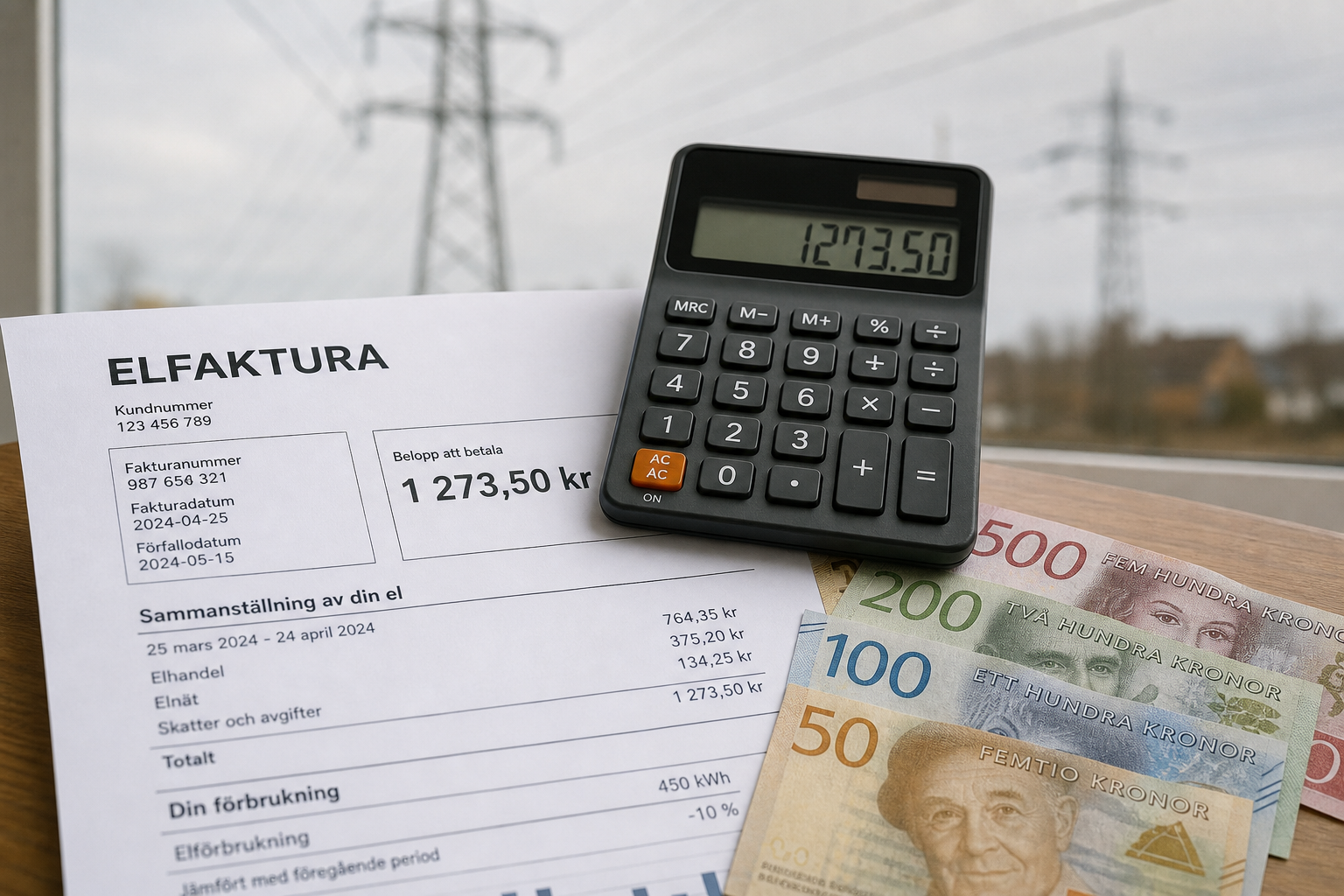 Bir İsveç faturası üzerinde hesap makinesi ve yanında duran İsveç Kronu (SEK) banknotları; arka planda bulanık bir elektrik direği görseli.