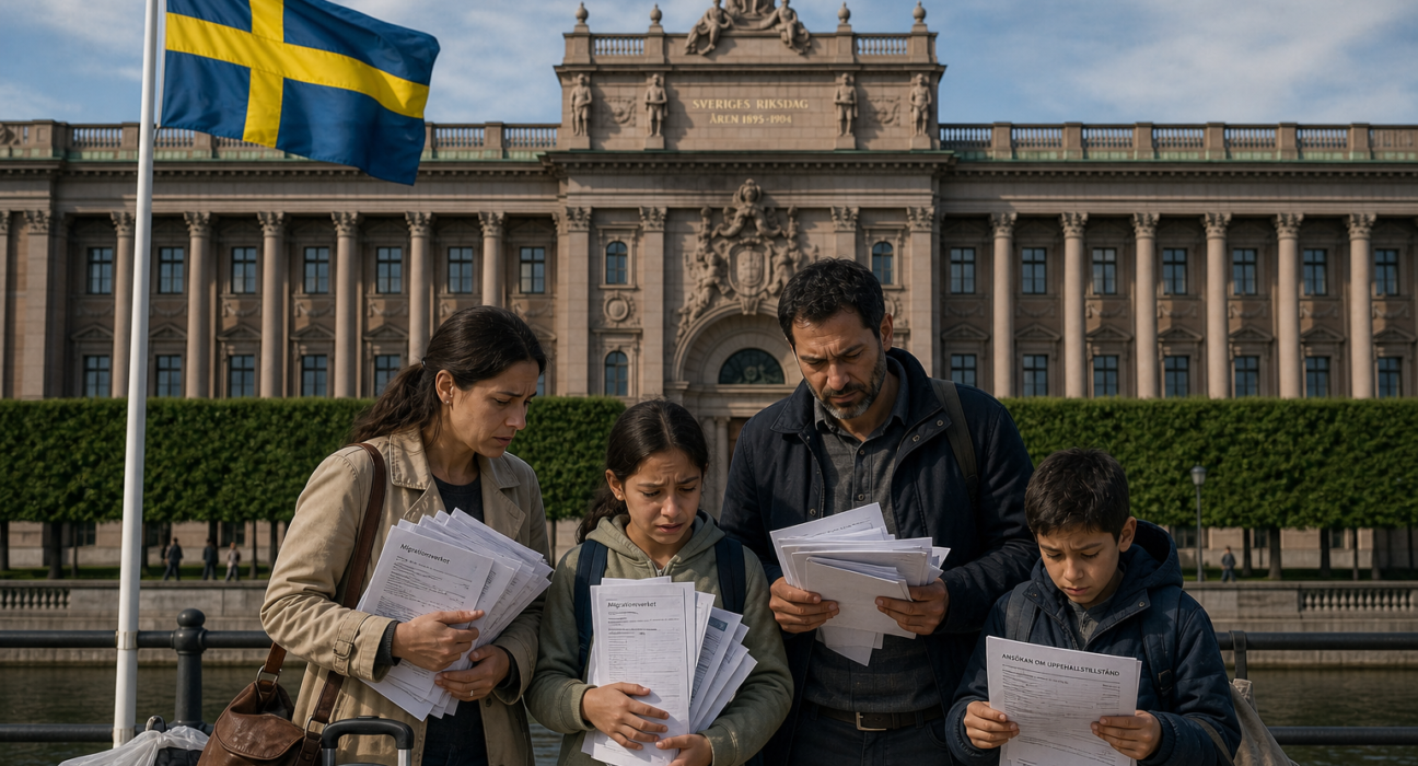 İsveç Parlamentosu (Riksdagen) binasının önünde dalgalanan İsveç bayrağı ve arka planda resmi evraklar tutan modern bir aile silüeti
