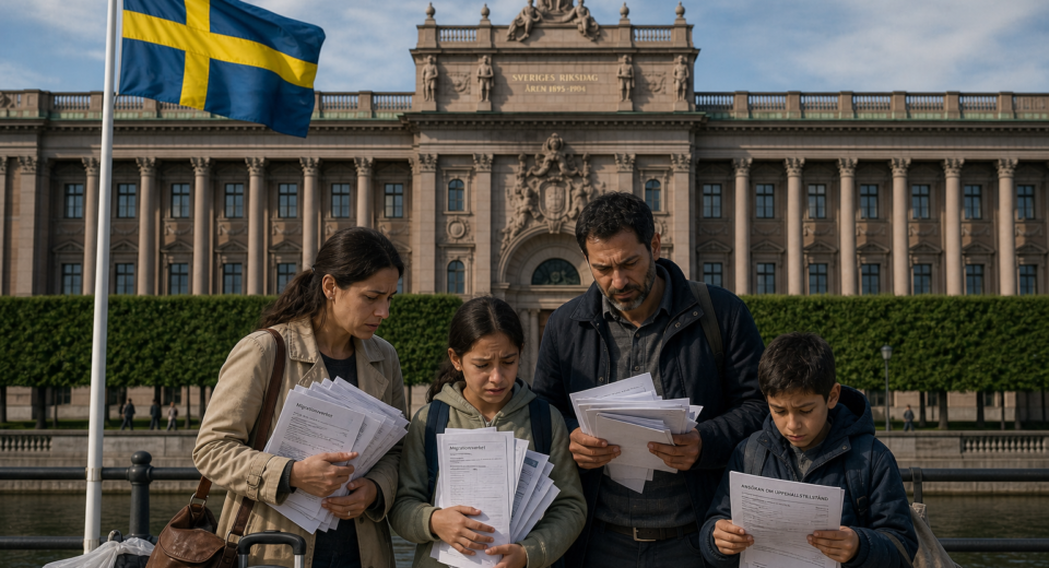İsveç Parlamentosu (Riksdagen) binasının önünde dalgalanan İsveç bayrağı ve arka planda resmi evraklar tutan modern bir aile silüeti
