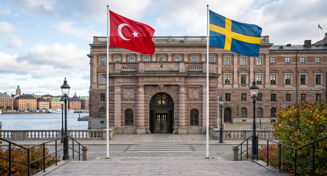 Riksdagen önunde Turk ve Isvec bayragi