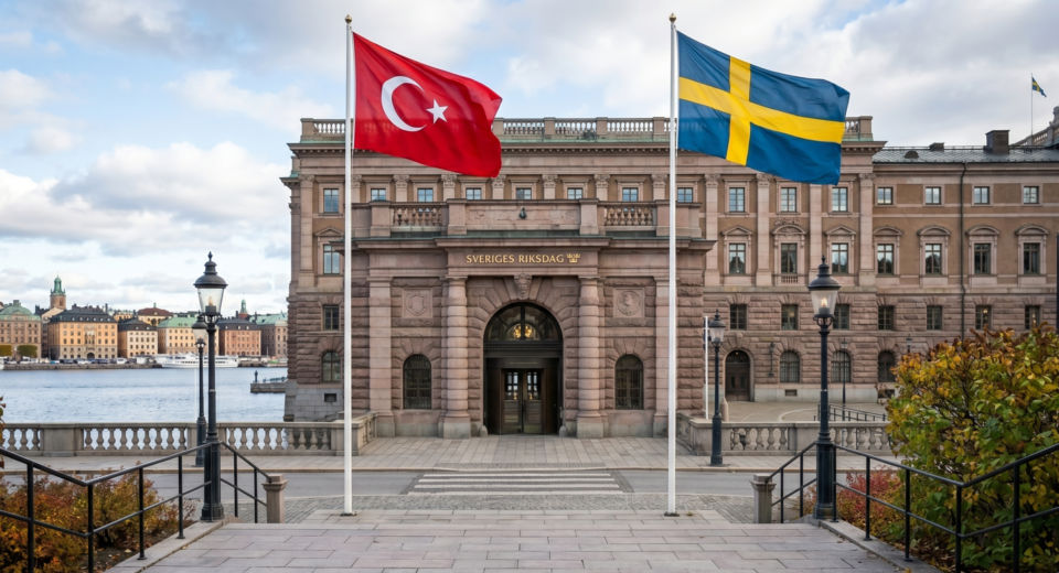 Riksdagen önunde Turk ve Isvec bayragi