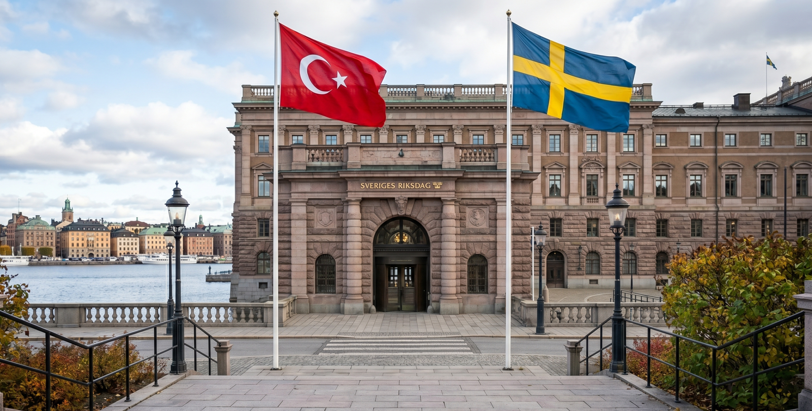 Riksdagen önunde Turk ve Isvec bayragi