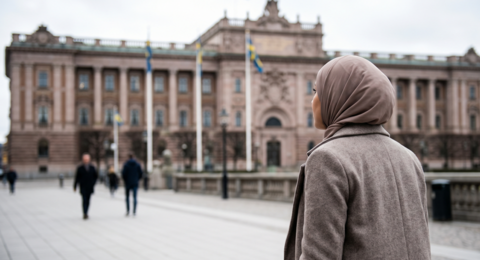 Arka planda flu bir şekilde İsveç Parlamentosu (Riksdag) binasının göründüğü, ön planda ise günlük hayata karışan çok kültürlü insanların yürüdüğü profesyonel editoryal bir fotoğraf