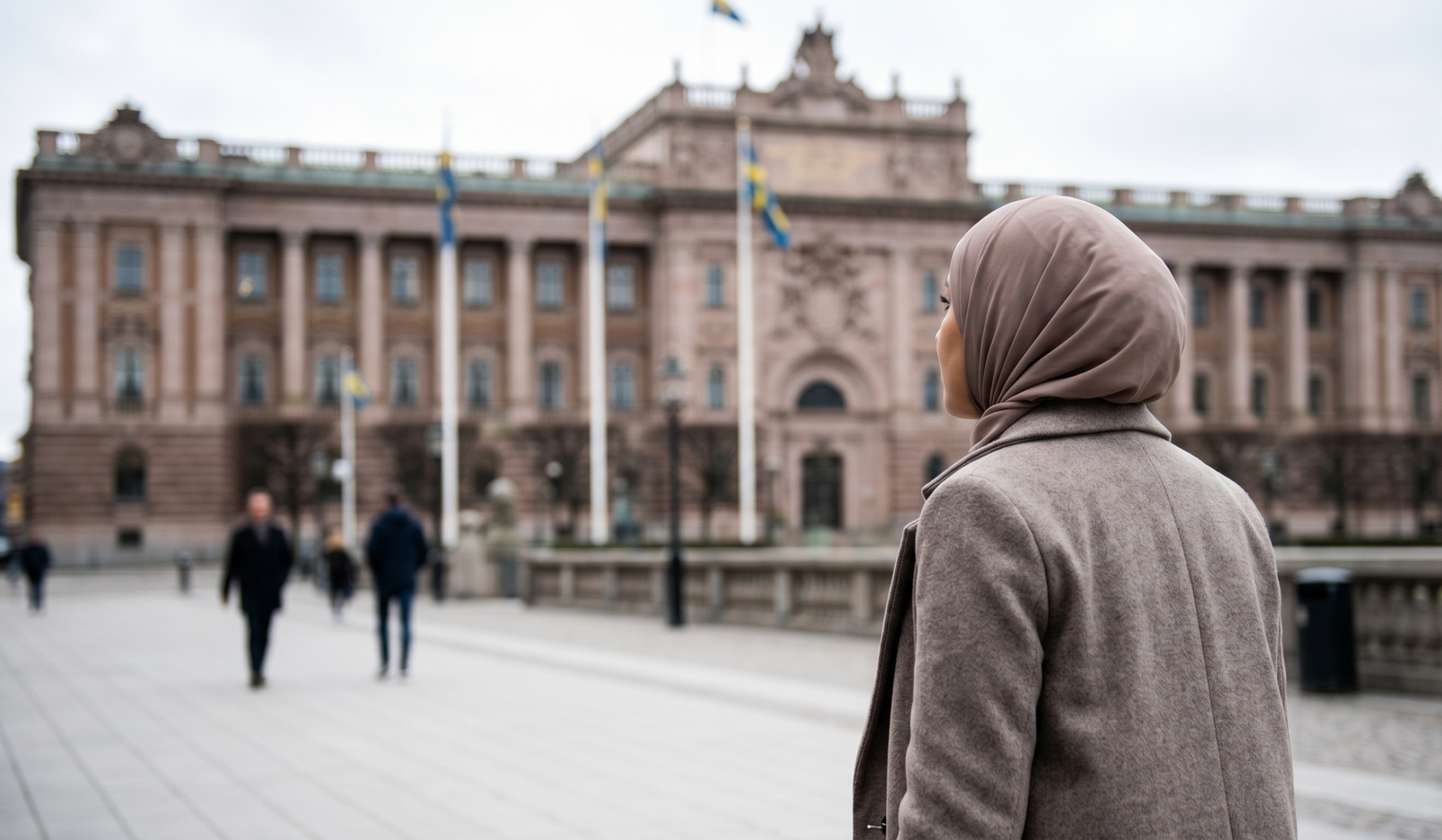Arka planda flu bir şekilde İsveç Parlamentosu (Riksdag) binasının göründüğü, ön planda ise günlük hayata karışan çok kültürlü insanların yürüdüğü profesyonel editoryal bir fotoğraf