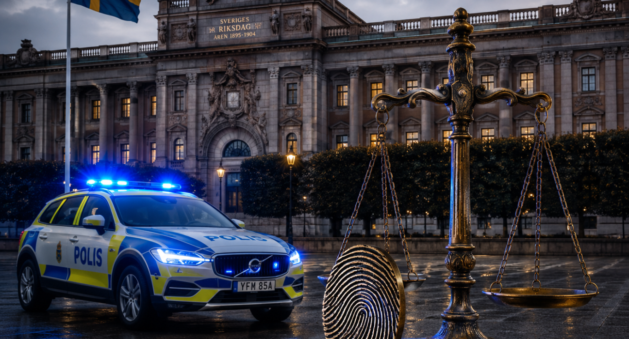 İsveç parlamento binası (Riksdagen) önünde mavi ışıkları yanan bir İsveç polis aracı. Ön planda adalet terazisi ve parmak izi sembolü bir arada