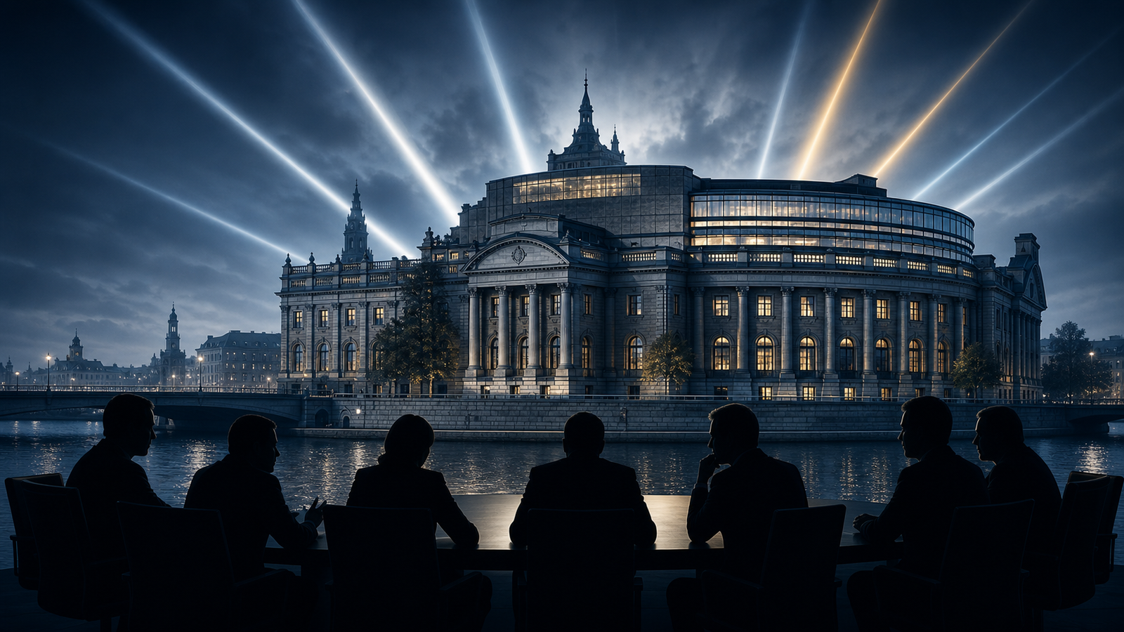 İsveç parlamento binası önünde modern politika temalı, logosuz ve yazısız haber kapak görseli.