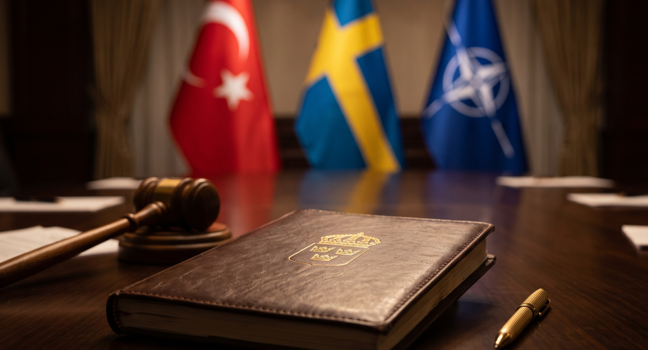 Ankara'daki lüks bir toplantı salonunda, üzerinde İsveç devlet amblemi bulunan ahşap masada unutulmuş deri kaplı bir not defteri. Arka planda loş ışıkta Türk, İsveç ve NATO bayrakları dalgalanıyor. Keskin ve dramatik bir atmosfer. Alt Text: Ankara NATO zirvesinde masada unutulmuş İsveç güvenlik not defteri
