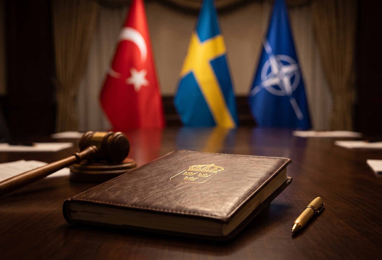 Ankara'daki lüks bir toplantı salonunda, üzerinde İsveç devlet amblemi bulunan ahşap masada unutulmuş deri kaplı bir not defteri. Arka planda loş ışıkta Türk, İsveç ve NATO bayrakları dalgalanıyor. Keskin ve dramatik bir atmosfer. Alt Text: Ankara NATO zirvesinde masada unutulmuş İsveç güvenlik not defteri