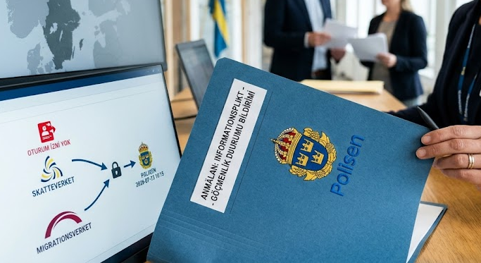 Modern bir İsveç kamu binası koridorunda, ellerinde evraklar ve dijital tabletler tutan memurlar arka planda flulanmışken, ön planda İsveç Polisi amblemi taşıyan bir evrak dosyasının ve bilgisayar ekranındaki veri akış şemalarının yer aldığı keskin odaklı, dramatik ve ciddi bir editoryal fotoğraf.