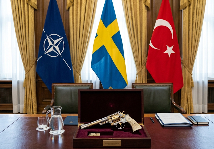 Isvec, Turk ve NATO bayragiyla birlikte bir hediye masada duruyor.
