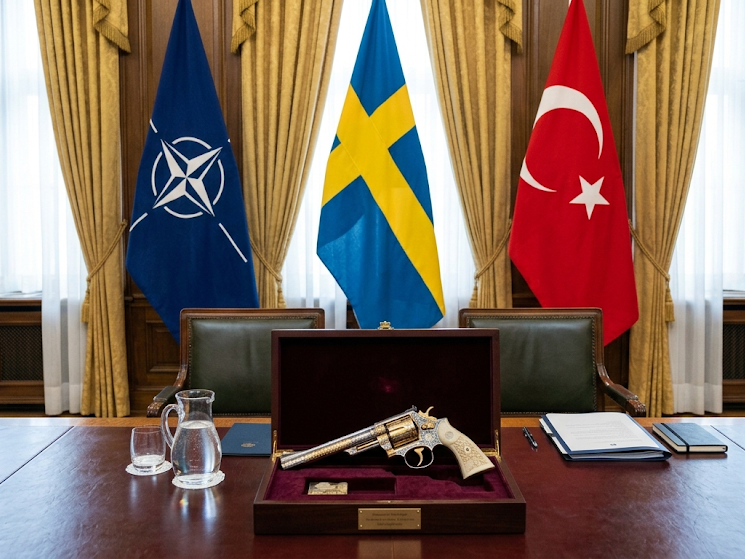 Isvec, Turk ve NATO bayragiyla birlikte bir hediye masada duruyor.