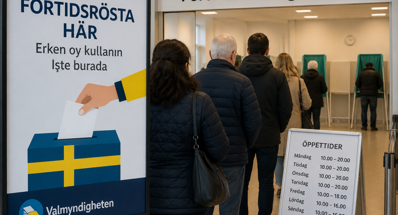 İsveç'te modern bir förtidsröstningslokal önünde oy kullanmak için bekleyen farklı yaşlardan seçmenler, içeride İsveç seçim görevlileri ve oy kabinleri, gerçekçi haber fotoğrafı tarzı. Alt Text: İsveç'te förtidsröst ile erken oy kullanan seçmenler.