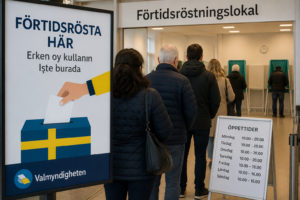İsveç'te modern bir förtidsröstningslokal önünde oy kullanmak için bekleyen farklı yaşlardan seçmenler, içeride İsveç seçim görevlileri ve oy kabinleri, gerçekçi haber fotoğrafı tarzı. Alt Text: İsveç'te förtidsröst ile erken oy kullanan seçmenler.