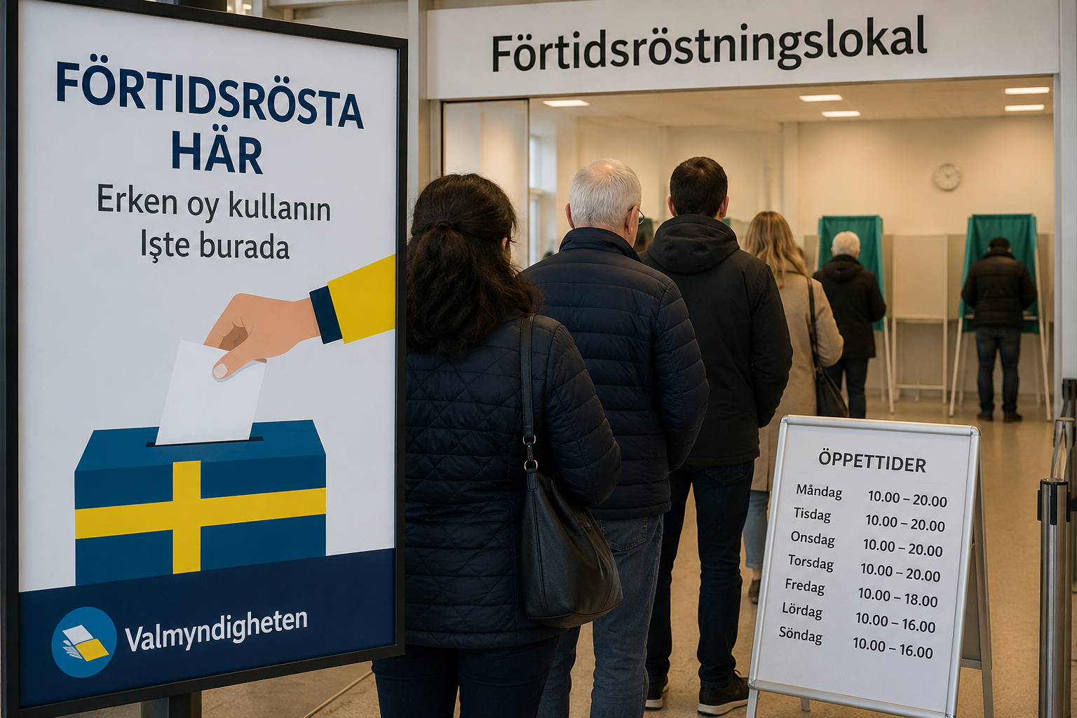 İsveç'te modern bir förtidsröstningslokal önünde oy kullanmak için bekleyen farklı yaşlardan seçmenler, içeride İsveç seçim görevlileri ve oy kabinleri, gerçekçi haber fotoğrafı tarzı. Alt Text: İsveç'te förtidsröst ile erken oy kullanan seçmenler.