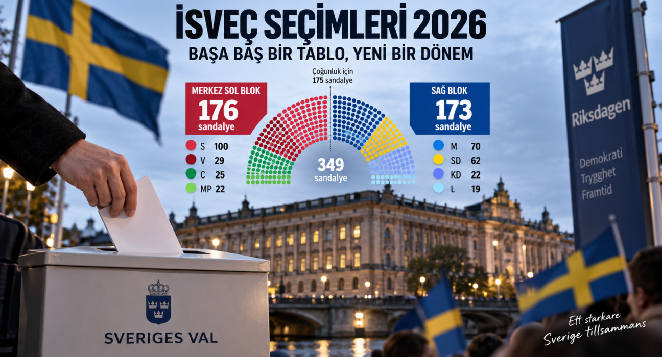 İsveç 2026 seçimlerinde merkez sol blokun 176 sandalyeyle öne geçmesini gösteren seçim gecesi görseli.